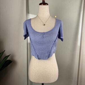 Urban Outfitters Ribbed Blue Crop Top Women Large Scoop Neck Fitted Baby Tee Y2K